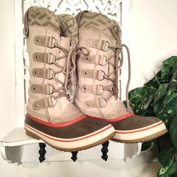 Sorel Joan Of Arctic Knit Waterproof Lace Up Snow Boots in ‘Fossil’ Tan Size 6.5 - Picture 1 of 13